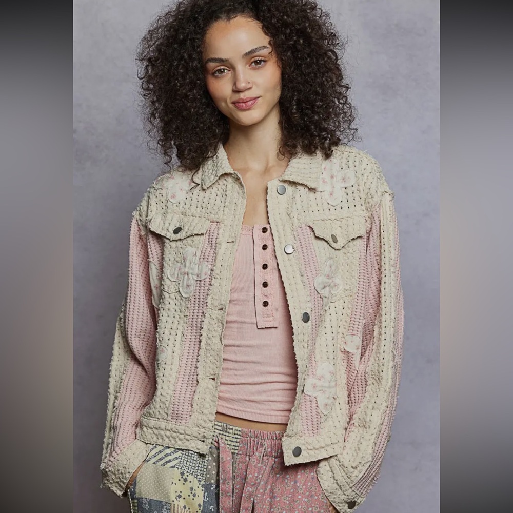 POL pink textured floral patchwork denim boho bohemian pullover jacket coat - Picture 2 of 5